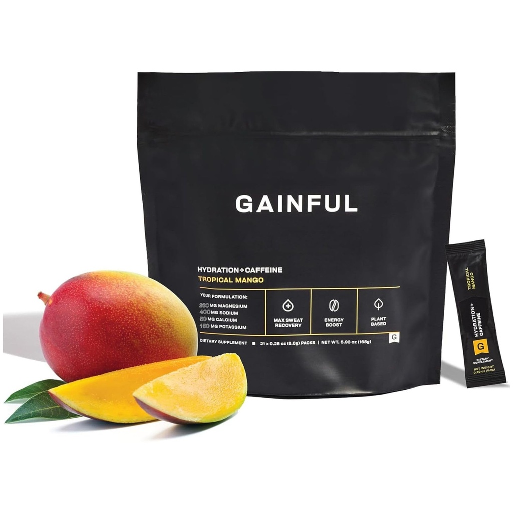 Gainful Hydration + Kofein Powder Packets s ključnimi elektroliti Magnezij in natrij + L Teanin, Nizka sladkorna pijača Mix, Tropski Mango, 21 palice