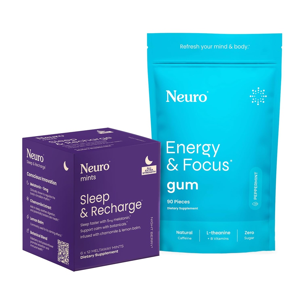 Neuro Energy & Sleep Bundle – Energija in fokus Gum (Peppermint, 90 Count) + Melatonin 5mg Sleep & Recharge Mints (Noč Berry, 72 kosov) – Dnevni fokus in podpora za nočni počitek