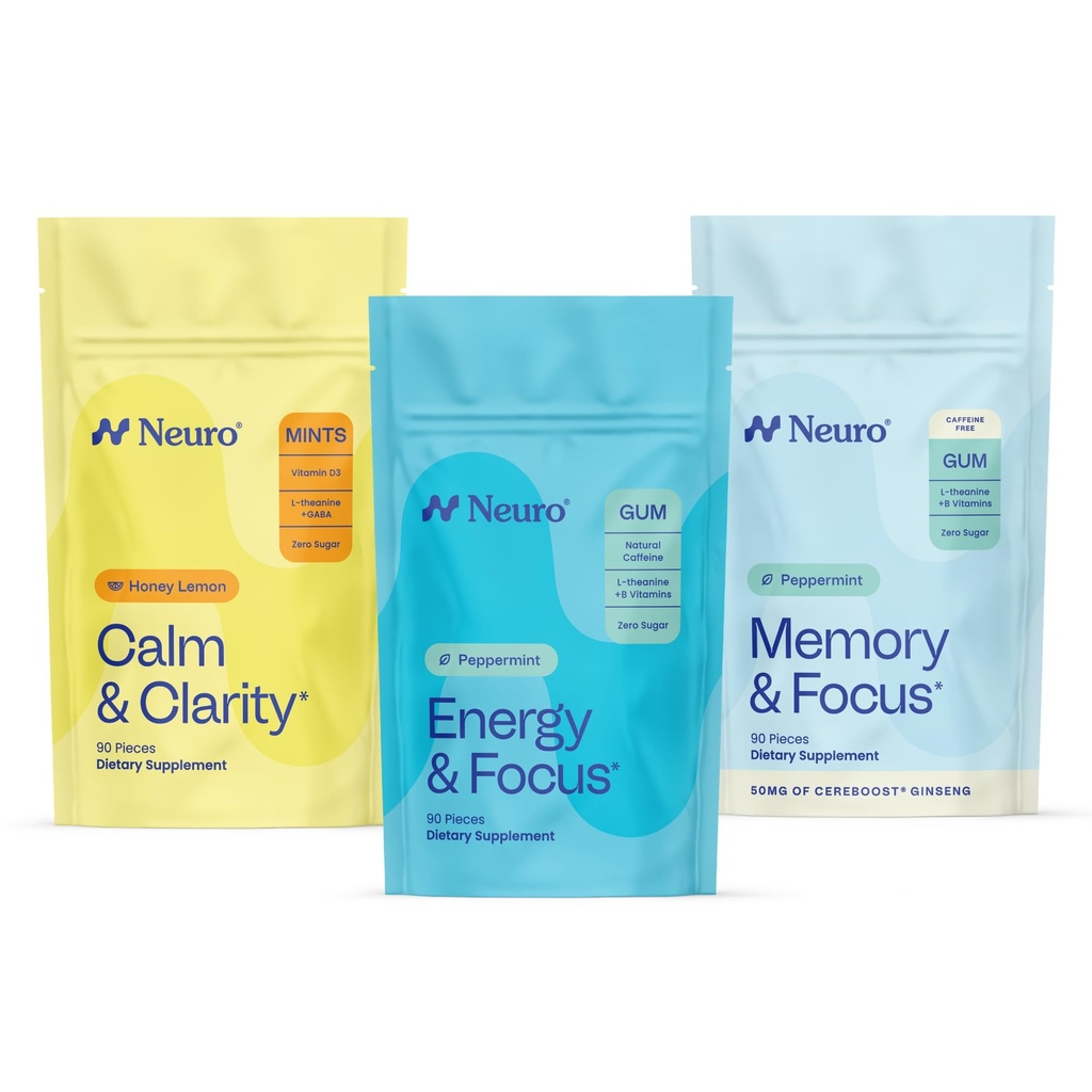 Neuro Cognitive Balance Bundle - Memory & Focus Nootropic Gum (Peppermint, 90 Count), Spanje in polnjenje melatoninske mete (Berry, 72 Count), Calm & Clarity Stress Support Mints (Honey Lemon, 90 Count)
