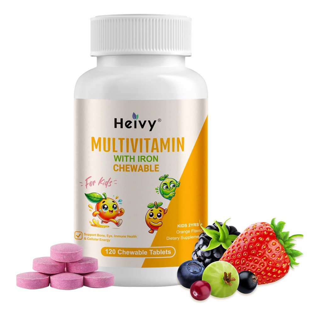 Heivy novi otroci Multivitaminski žvečljivi - 120 tablet za kosti, oči in vitamin zdravje - podpira rast in razvoj z vitaminom D3, C & B-kompleks
