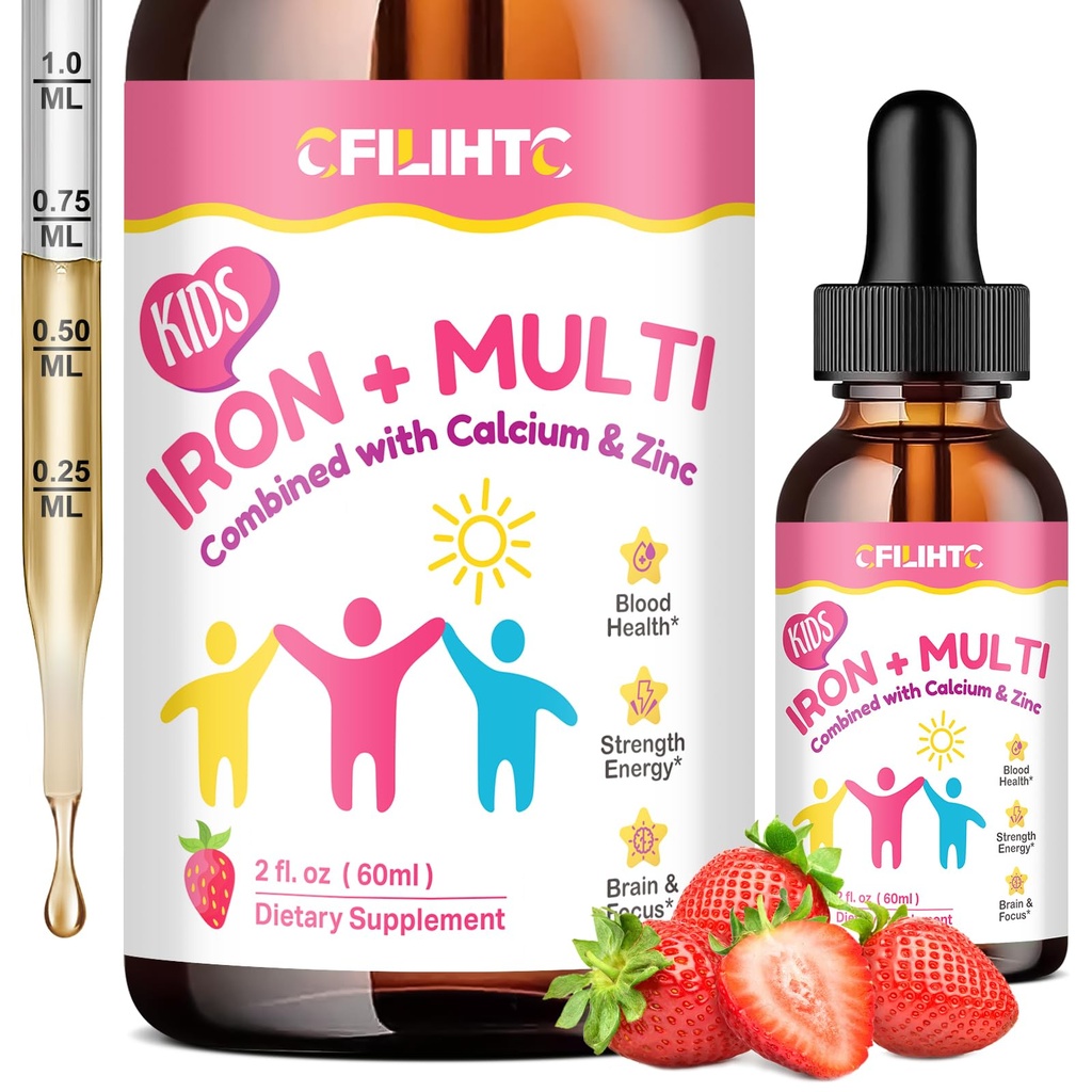 Tekoči železovi dodatki za otroke, ženske in moške - s kalcij, cink, otroci Multivitaminski z železovimi kapljicami - Imunska podpora, Blood Builder & Energy Support for Iron Deficience, Anemija, Vegan 2 Fl Oz