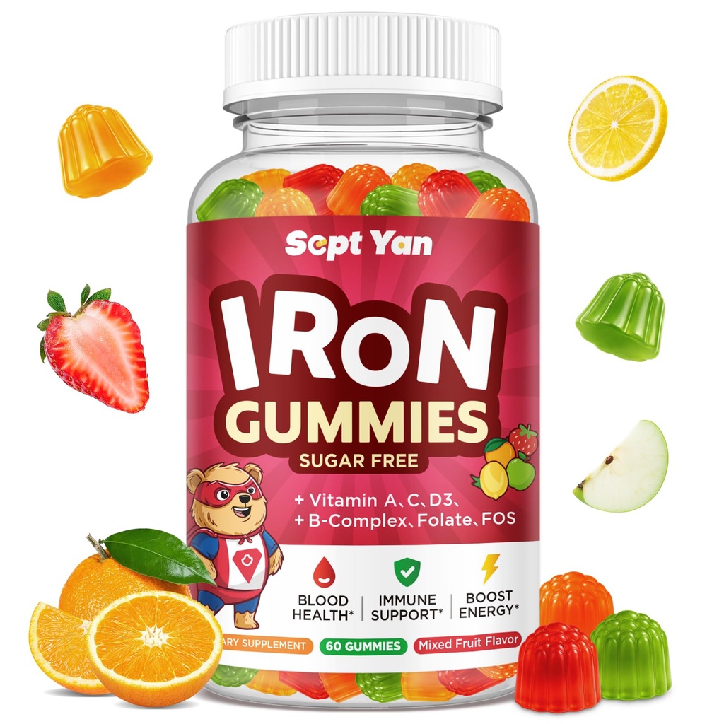 Iron Supplement Gumies za otroke, Otroci Multivitaminski z železom - Vitamin B kompleks, C, D3, Kalcij, Folat, Cink, FOS za izgradnjo krvi in energetsko podporo, Iron Deficientity, Vegan,Mešana aroma sadja,60 ct