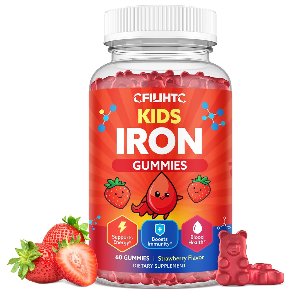 Iron Gummies for Kids & Teens, Kids Multivitaminski z železno dopolnilo, kalcij, Folat, cink, Prebiotik - za Blood Builder & Energy Support, Iron Deficiency - Vegan & Non-GMO - 60 Count Jagode