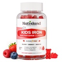 Iron Gummies for Kids & Teens, Kids Multivitaminski z železovo dopolnilo, Vitamin B Complex, A, C, D3, Kalcij, Cink, DHA, Prebiotik, Blood Builder & Energy Support for Iron Deficience, Vegan, 60 Ct