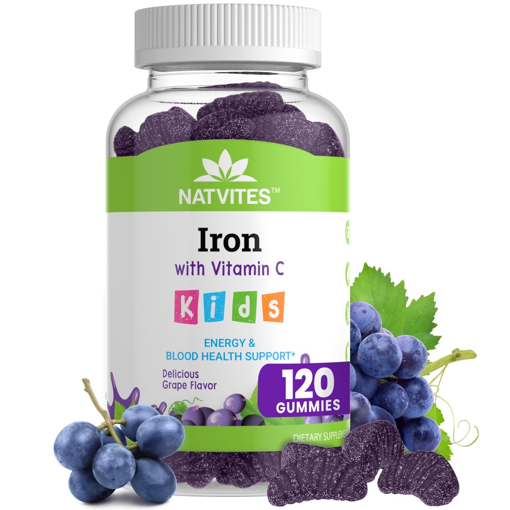 Otroci Iron Gummies z vitaminom C - Okusne grozdne arome - Energy & Blood Health Support - Gluten Free Non-GMO Vegetarijanski otroški železni dodatek za otroke in malčke Starost 2+ (120 Count)