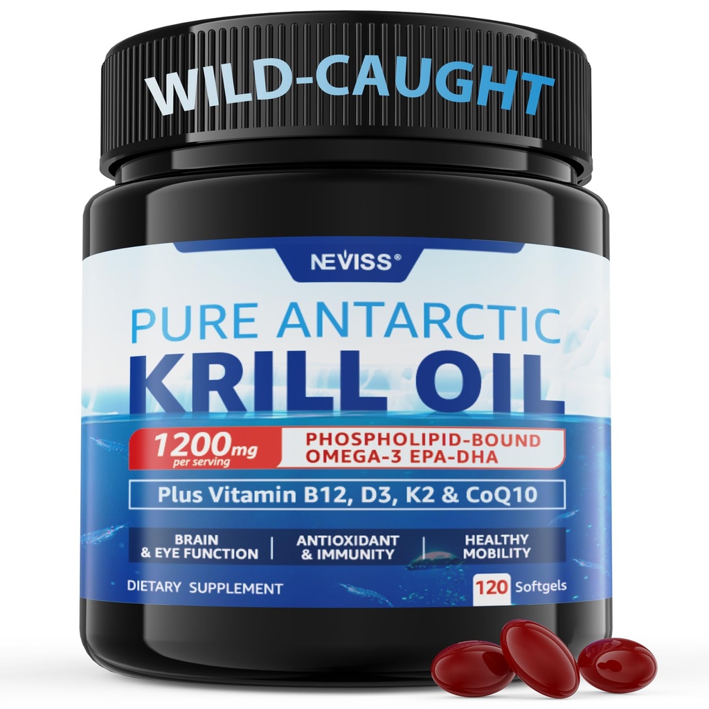 Antarktika Krill Oil 1200 mg Omega 3 Dopolnilo, Omega 3 Krill Oil Mehkužci w/EPA, DHA, Astaksantin & Fosfolipidi za možgane in antioksidant, Trajno pridobljena, Brez ribjega pookusa, 120 Mehkužci