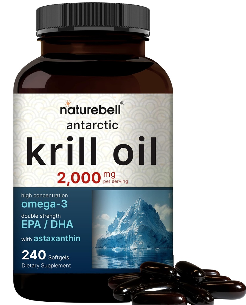 NatureBell Antarktika Krill Oil 2000mg Dopolnilo, 240 Softgels, 3X Jakost Naravni vir Omega-3s, EPA 240mg + DHA 160mg + Astaksantin 800mcg – Brez ribjega pookusa – Merkur Free & Non-GMO