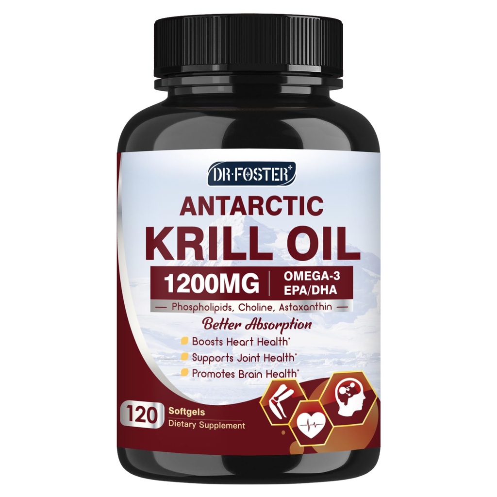 Kril Oil 1200mg, Antarktika Krill Oil Omega 3 Dopolnilo z EPA, DHA,Astaksantin in fosforolipidi za srce in možgane in skupno zdravje, brez ribjega pookusa,120 Softgels (60 Serving)