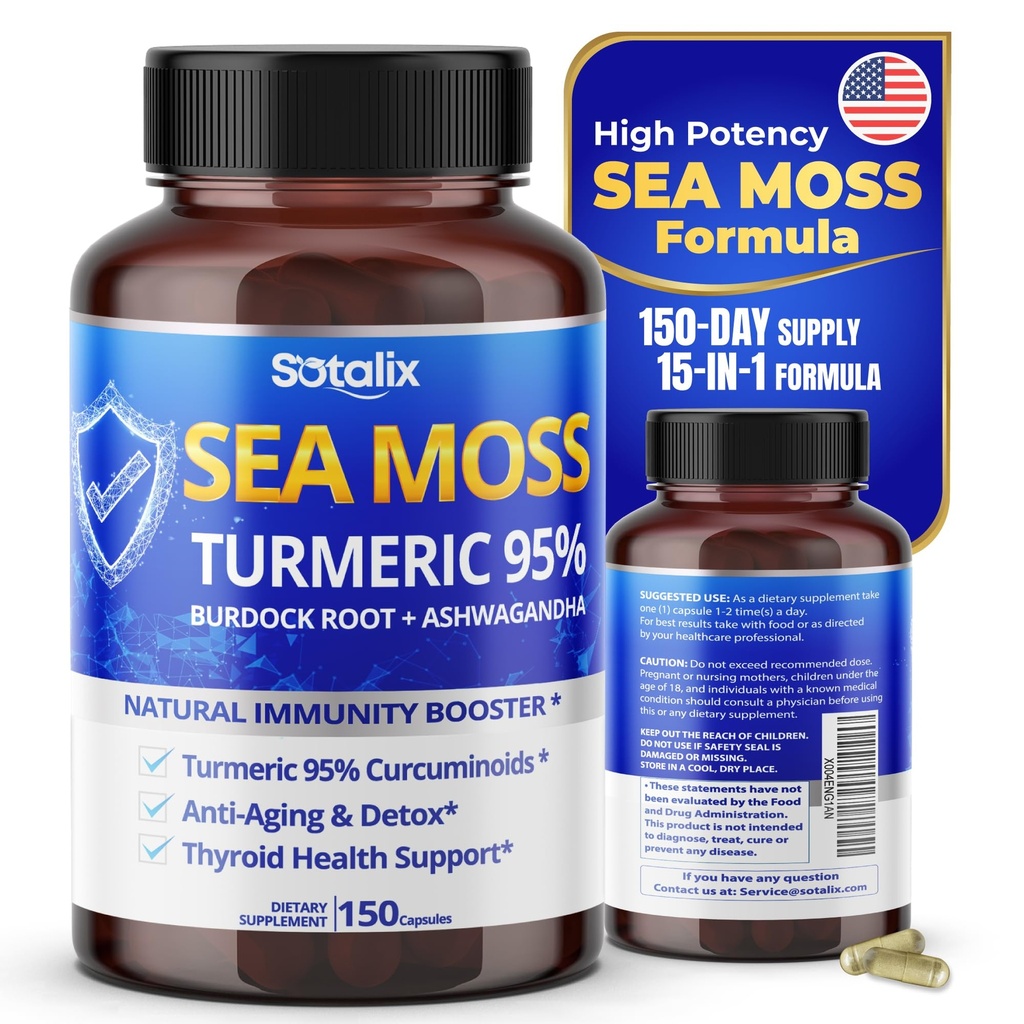 Sotalix Sea Moss Kapsula z Ashwagandha, Burdock Root, Bladderwrack, Kurkurja - Močan naravni Immunity Booster - ZDA Made (150 Count (Pack of 1))