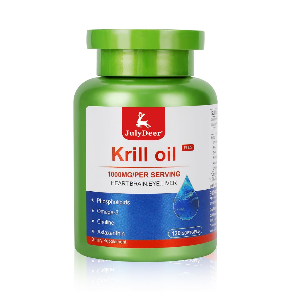 JulijDeer Krill Oil 1000 mg z Omega-3s EPA, DHA, Astaksantin in fosfolipidi 120 Mehkužci Dopolnilo, Antarktika Krill No Ribji pookus za skupno, srce, možgane in imuniteto