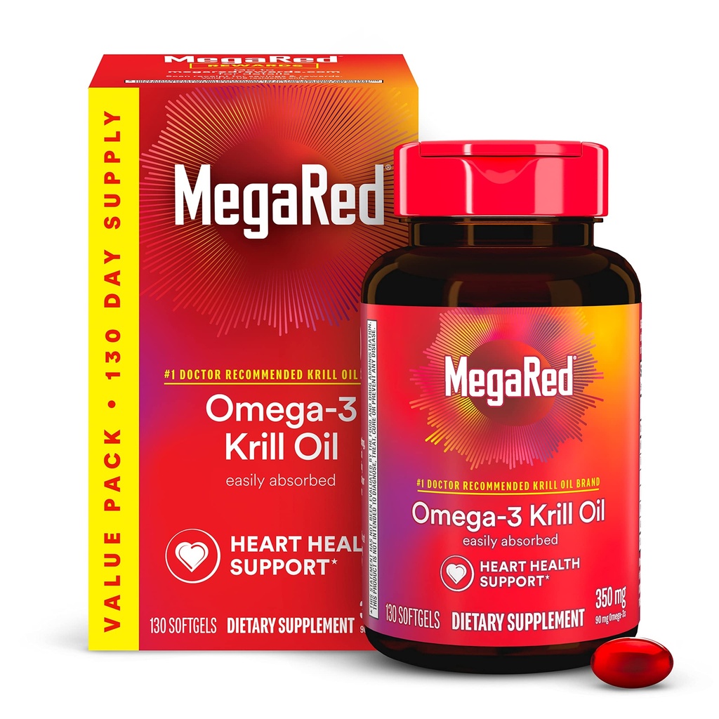 MegaRed - Omega-3 Kril Oil 350mg Softgels (130 Count in A Bottle), EPA & DHA Omega-3 Maščobne kisline brez ribjega pookusa za razliko od ribjega olja, vsebuje antioksidant astaksantin