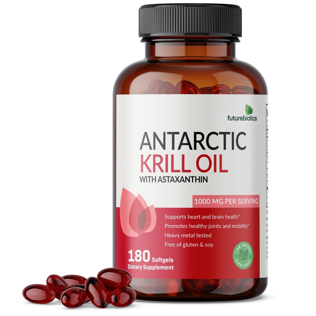 Futurebiotics Antarktika Krill Oil 1000mg z Omega-3s EPA, DHA, Astaksantin in fosfolipidi - 100% Pure Premium Krill Oil Heavy Metal Tested, Non GSOG – 180 Softgels (90 Servings)