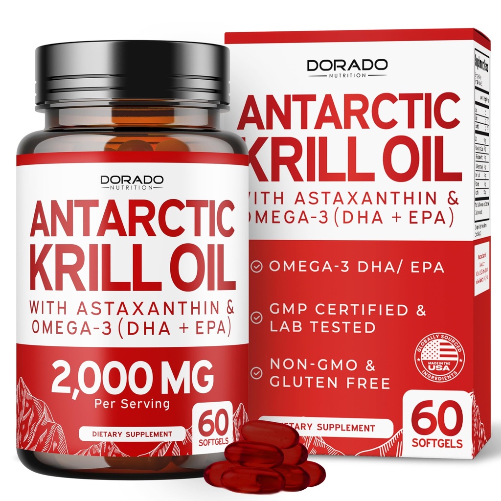 Antarktika Krill Oil Supplement (2000mg na strežbo, 60 Softgels) Krill Oil Omega 3 Dopolnila z EPA, DHA & Astaksantin - Premium Fosfolipid za odrasle - Tretja stranka Tested, Non-GMO & ZDA Made
