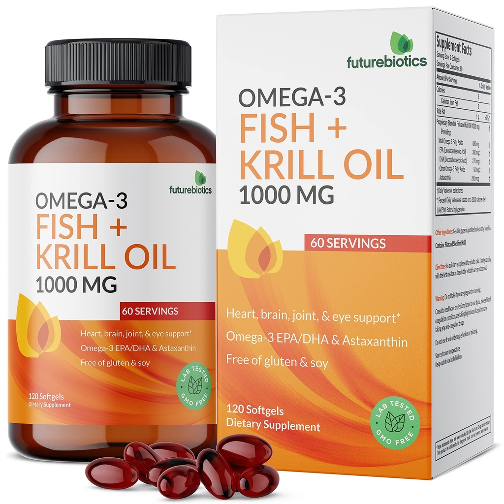Futurebiotics Omega-3 Ribe + Krill Oil 1000 MG Omega-3 EPA/DHA & Astaksantin - Non-GMO, 120 Softgels (60 strežb)