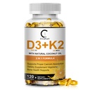 Vitamin D3 K2 dodatek z vitaminom D3 5000 i.e., 200 μg vitamina K2 MK-7 in naravnim kokosovim oljem, na osnovi rastline 2-1 Formula za podporo zdravju kosti, zob, mišic in imunskega sistema,120 kapsul softgel