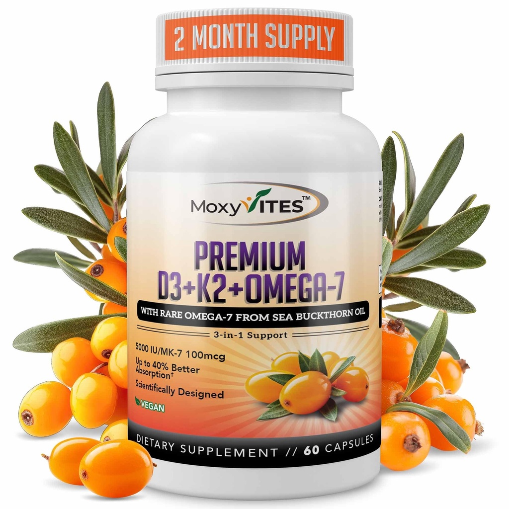 MoxyVites Vitamin D3 K2 5000 i.e. – visoka absorpcija D3 + K2 MK-7 z oljem Sea Buckthorn & Omega-7 – podpora kosti, srca in imunskega sistema za ženske in moške – 60 veganskih kapsul