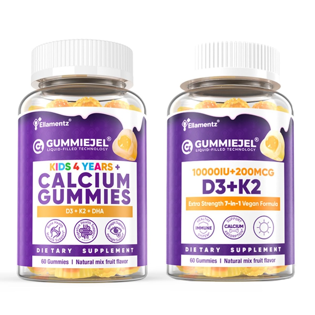 1 Pakiranje otrok Kalcijeve žvečilke + 1 pakiranje D3 K2 Gummies Vitamin D3 10000 i.e. + K2 (MK7) 120mcg