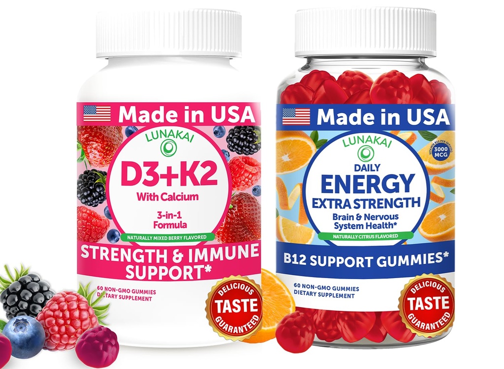 Lunakai ZDA Made D3+K2 s kalcij in energijo B12 Gummies Bundle – Vegan, Non-GMO – 60 Gummies vsak