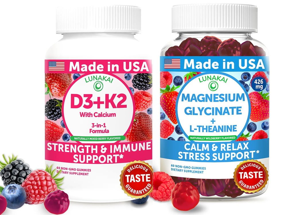Lunakai USA Made D3+K2 s kalcijevim in magnezijevim glicinatom + L-Theanine Gummies Bundle – 60 ne-GMO Gummies vsak