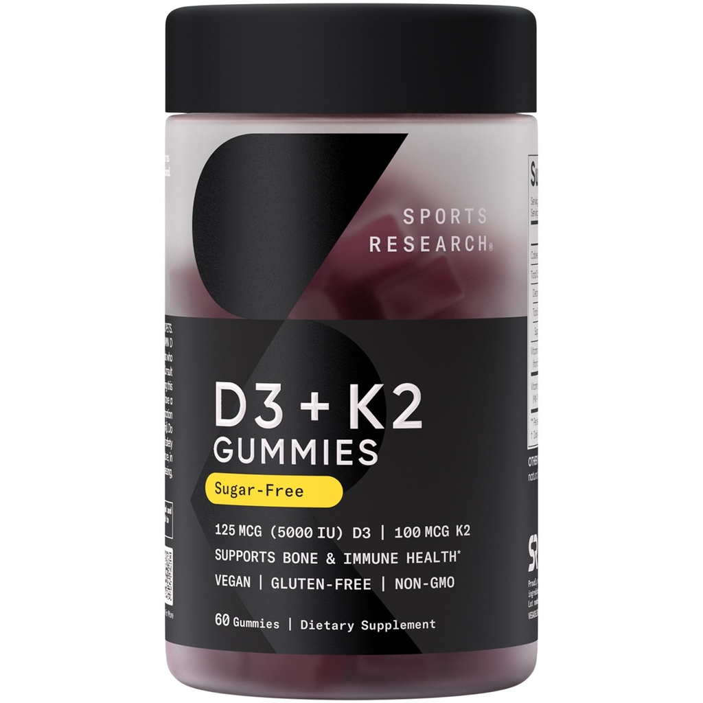 Sports Research® Vegan Vitamin D3 + K2 Brez sladkorja Gumies - 125mcg (5000iu) Vitamin D w/ 100mcg Mk7 Vitamin K - Podpira zdravje kosti in imunskega sistema* - Vegan Certified · Non-GMO · Soy Free - 60 Count