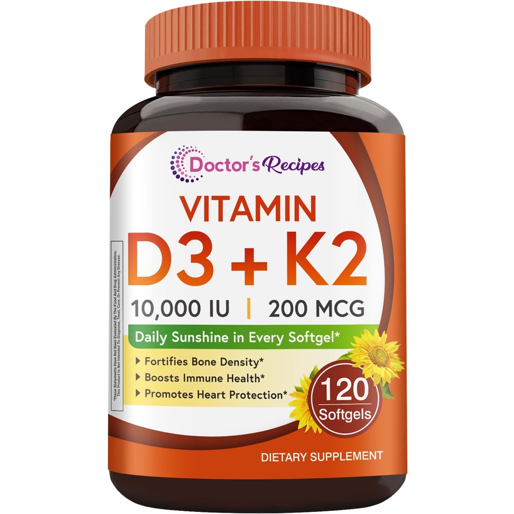 Zdravnikovi recepti Vitamin D3 K2, 10.000 i.e., 200 μg, MK-7, Močna gostota kosti, Zobje, Imunska, Podpora srcu, energija, Kalcijeva absorpcija, Brez soje in glutena, Ne-GMO, 120 Mehkužci