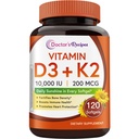 Zdravnikovi recepti Vitamin D3 K2, 10.000 i.e., 200 μg, MK-7, Močna gostota kosti, Zobje, Imunska, Podpora srcu, energija, Kalcijeva absorpcija, Brez soje in glutena, Ne-GMO, 120 Mehkužci