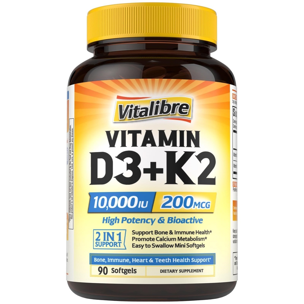 Vitalibre vitamin D3 K2 dodatek, 10000 i.e. D3 / 200 μg K2 MK7, kalcijeva absorpcija, kosti, srce, Imunska in razpoloženjska podpora, okrepljena absorpcija, brez soje, enostavno pogoltniti, 90 kapsul