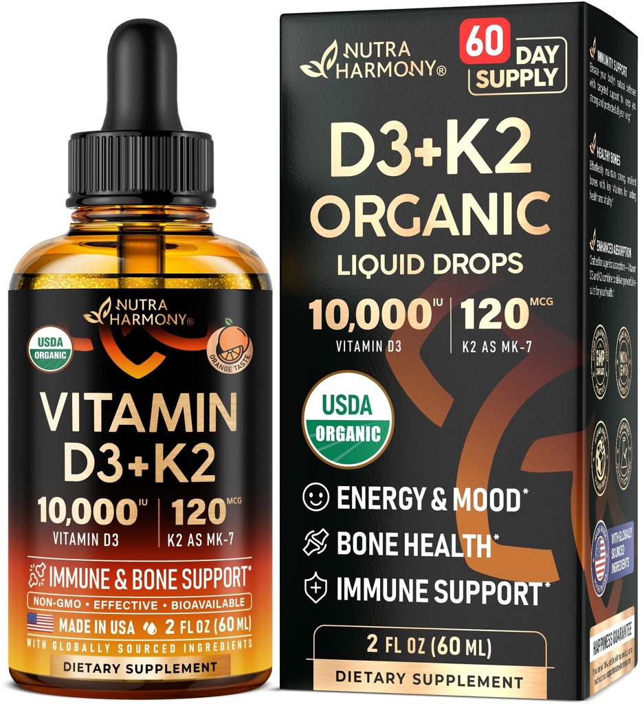 Vitamin D3 K2 USDA Organske kapljice - Vitamin D3 10000 i.e. & K2 kot MK-7 120mcg - Imunska podpora & Mood, zdravje kosti & zob - Sugar-free Orange Flavor - Tekoči dodatek - Made in USA - 2 FL OZ, 60 dni