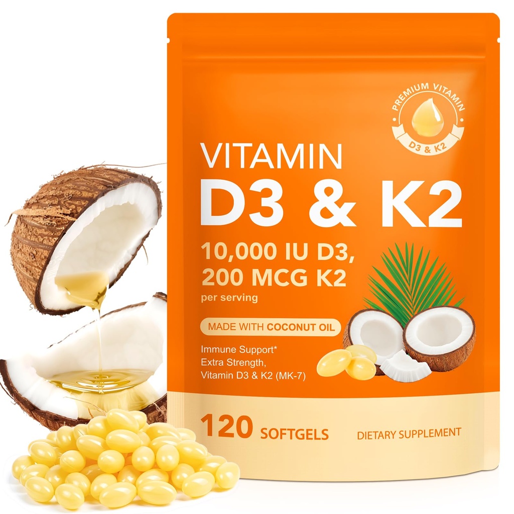 Vitamin D3 K2 s kokosovim oljem - Vegan Vitamin D3 & Mk7 Vitamin K2za podporo kosti in imunskega sistema - Non-GMO, Soy Free - 120 Softgels