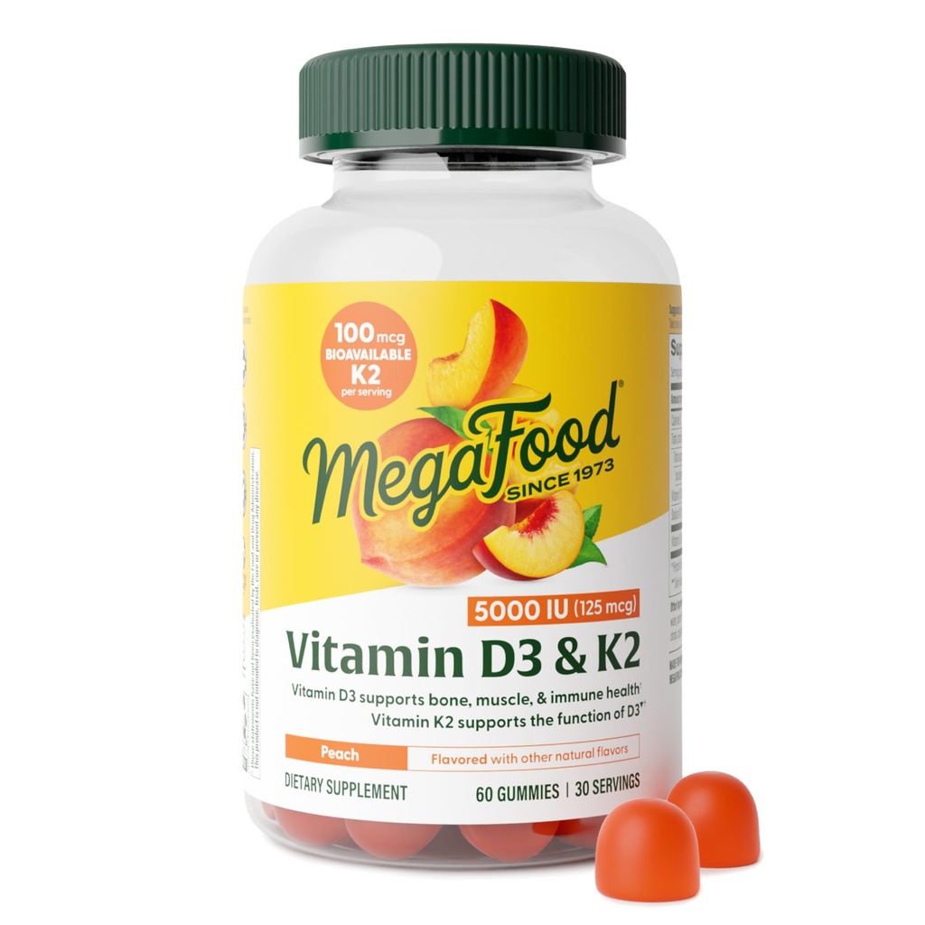 Megafood Vitamin D3 K2 Gummies - Vitamin D 5000 i.e. za zdravje kosti in imunskega sistema Plus podpora za optimalno absorpcijo kalcija - Peach Flavor, pektin na osnovi - 60 Vegetarian D3 in K2 dopolnila, 30 Servinges