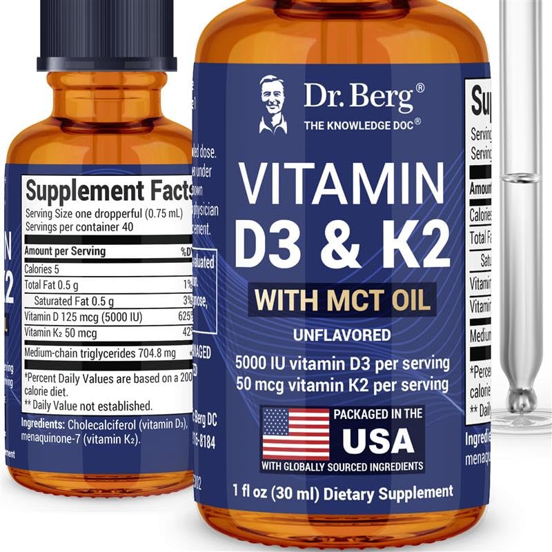 Dr. Berg Največja moč Vitamin D3 K2 Tekoče kapljice z MCT oljem – 5000 i.e. tekoči vitamin D3 s K2 – Podpira močne kosti, srce, energijo, imuniteto in splošno vitalnost* - nearomatiziran 1 Fl Oz