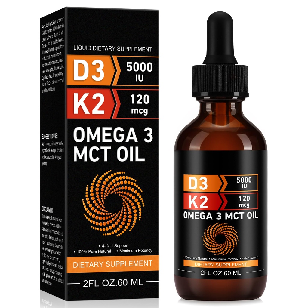 Daiasns Vitamin D3 5000 i.e. & K2 (MK-7) 120 μg 60 ml Kapljice z MCT Oil Omega 3, Tekoči vitamin D3 & K2 dopolnila - 2 meseca dobave -Podpora kosti, zob, razpoloženje in imunski sistem, kalcijeva absorpcija
