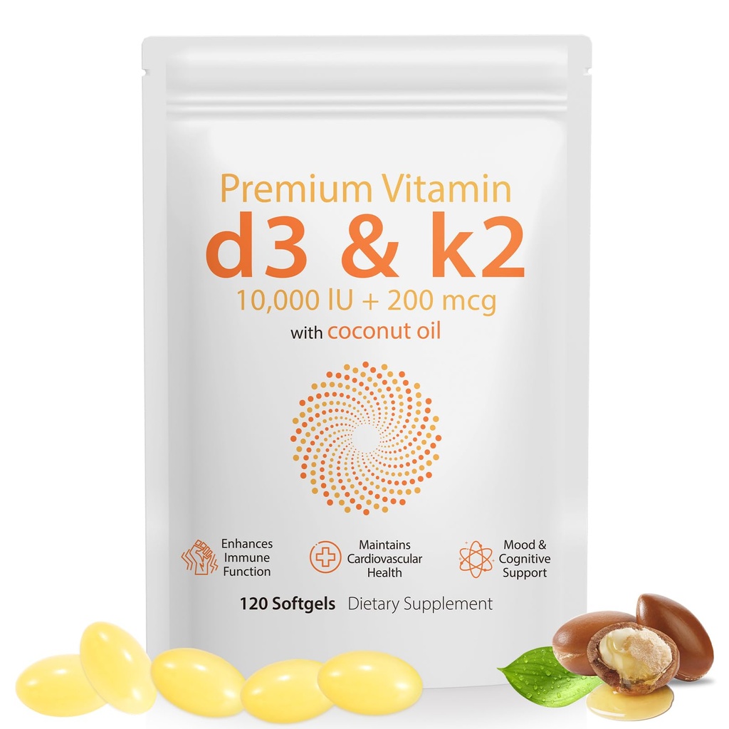 Daiasns Vitamin D3 K2 10000iu Podpira zdravje mišic in možganov -Visoka potenca D3 K2 dodatek pomaga pri imunski in kardiovaskularni podpori - 120 Softgels