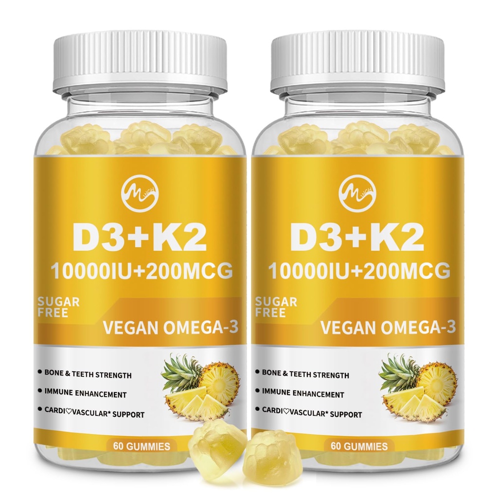 M inch Vitamin D3 K2 Gummies, Vitamin D3 10000IU, K2 (MK-7) 200mcg, 6-in-1 Vitamina D3 con K2 Dodatek z Omega-3 za ženske in moške - kosti, Zobje in imunske podpore, brez sladkorja, 2 paket