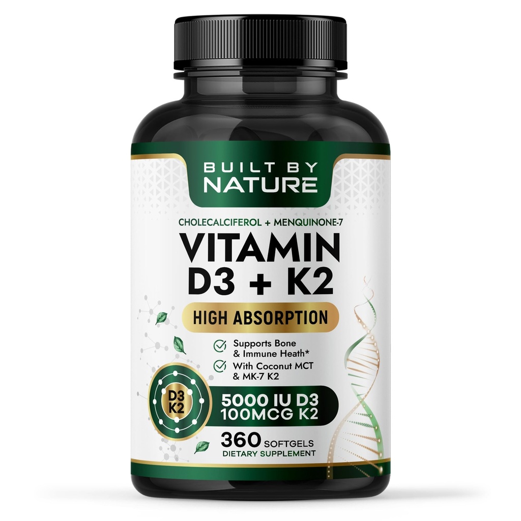 Zgrajena od Nature Vitamin D3 K2 5000 i.e. + 100 μg MK-7 - Dodatna moč, visoka absorpcija - kost, srce in imunske podpore - Coconut MCT olje - Non-GMO – 1 leto dobava - 360 Softgels