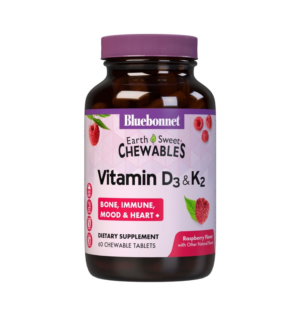 Bluebonnet Nutrition Vitamin D3 & K2 EarthSweet žvečljive tablete, za imuno, Mood & Heart Health*, Soy-free, Gluten-free, Non-GMO, Kosher Dairy, 60 Raspberry Flavor Žvečljive tablete, 60 Serving