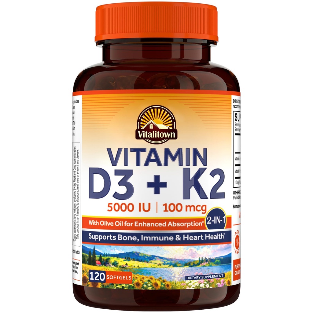 Vitamin Vitalitown D3 K2 dopolnilo, D3 5000 i.e., vitamin K2 MK-7 100 μg, ne-GMO, brez glutena in soje, za kosti, zobe, imuno in zdravje srca, 120 softgels