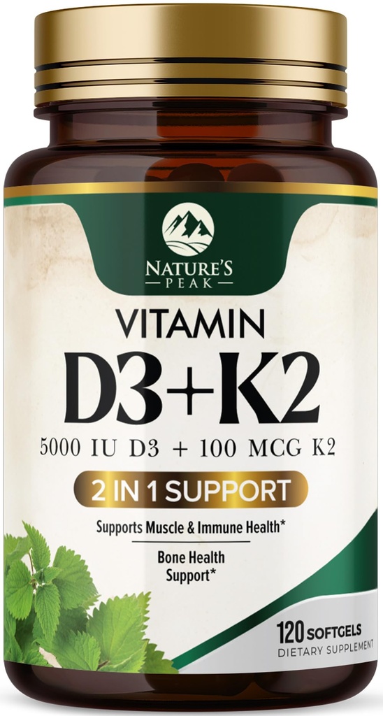 D3 K2 Vitamin - Vitamin D3 5000 i.e. na softgel - Visoka jakost Vitamin D3 dodatek - 2-v-1 kompleksni vitamin D & vitamin K2 (MK7) - Enostaven za pogoltnitev, podpora kosti in imunske podpore - ustekleničene ZDA - 120 softgels