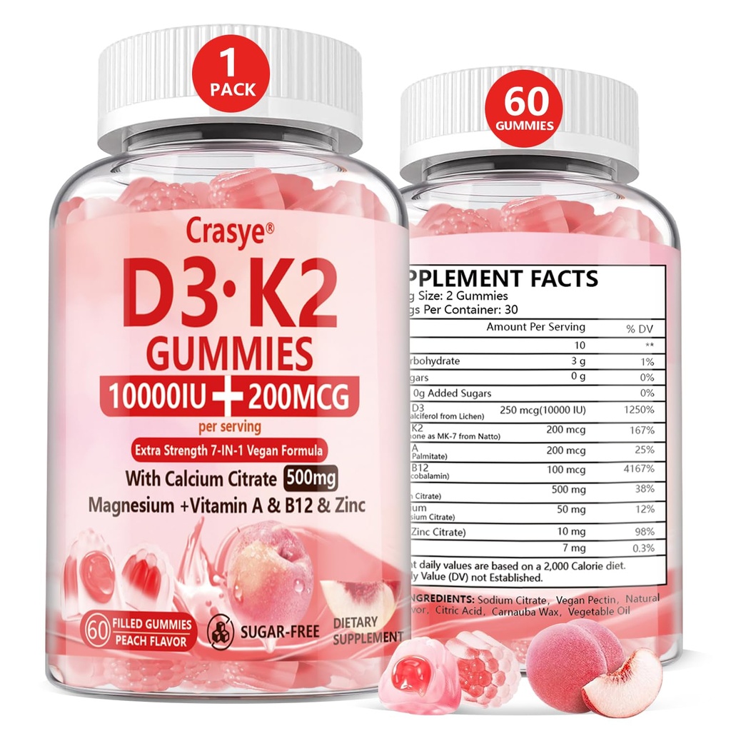 Vitamin D3 K2 Gumies 10000 i.e. s 500mg kalcijevega magnezijevega cinka brez sladkorja ADK+Vitamin B12 Dodatki za ženske in moške kosti, mišice, okus zob - 60 Gumijev - 30 Servingov