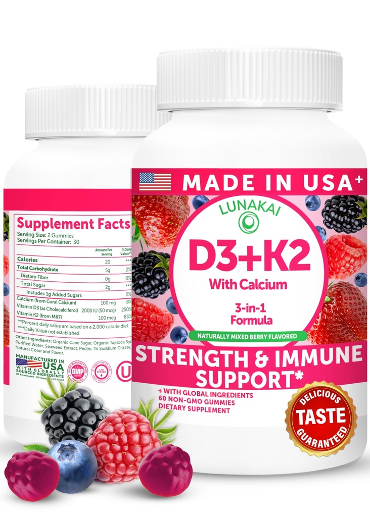 Lunakai USA Made Vitamin D3 K2 Gummies with Calcium – 3-in-1 Daily Vegan dodatek za podporo kosti in imunskega sistema za ženske, moške in otroke, 60ct