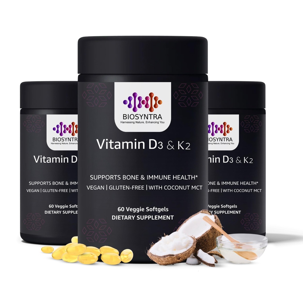 Vitamin D3+K2 s kokosovim oljem - Vegan Vitamin D 5.000 i.e. & MK7 Vitamin K 110mcg za podporo kosti, srca in imunskega sistema, Non-GMO, tretje osebe Tested, Soy Free, Visoka absorpcija 60 Veggie Softgels