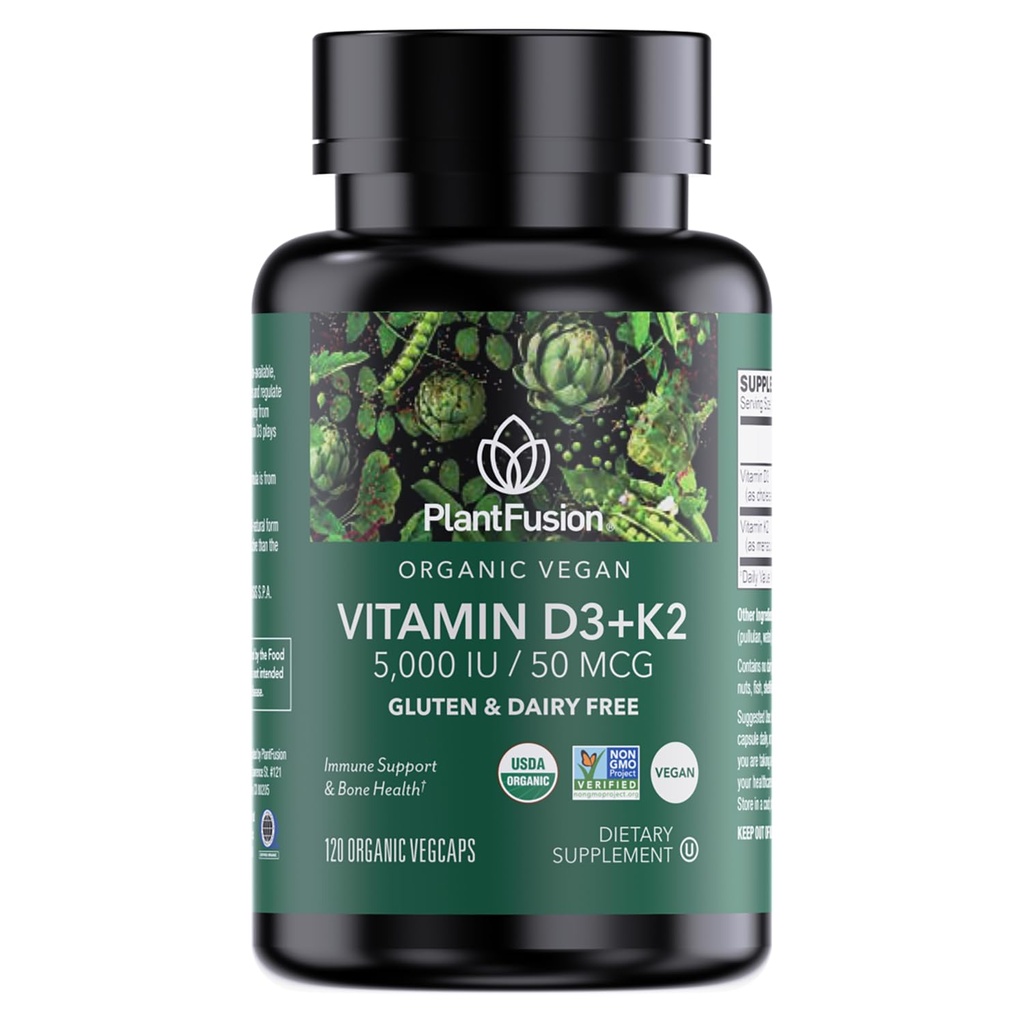 PlantFusion Organic Vegan Vitamin D3 + K2 5000 i.e., 50MCG – Vitamin D, pridobljen iz rastlinskih lichenov in vitamina K2, za imuno podporo in zdravje kosti - 120 kapsul
