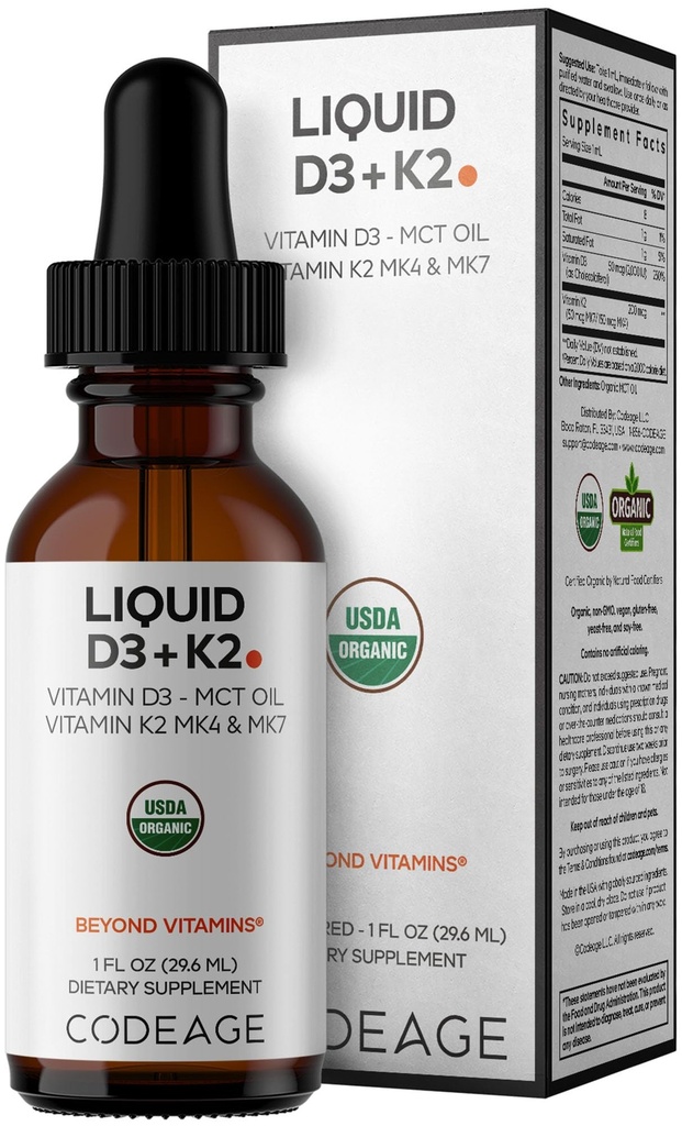Koda Tekoči D3+K2 Vitamini USDA Organic - Vitamin D3 2000 i.e., Vitamin K2 (MK4 & MK7) Tekoče kapljice - Imunska podpora - Nearomatizirana - Organska MCT Olje - Non-GMO - 1 fl oz