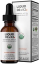 Koda Tekoči D3+K2 Vitamini USDA Organic - Vitamin D3 2000 i.e., Vitamin K2 (MK4 & MK7) Tekoče kapljice - Imunska podpora - Nearomatizirana - Organska MCT Olje - Non-GMO - 1 fl oz