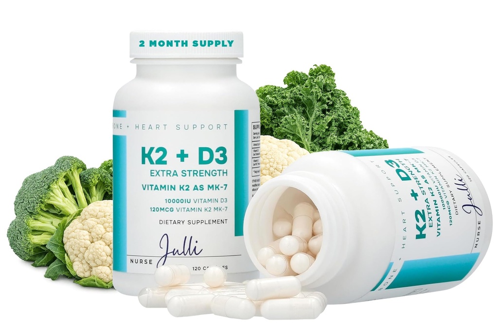 Vitamin K2 + D3 Dodatna jakost - 120 kapsul z MK-7 za podporo zdravju kosti in srca - Esencialna hranila za absorpcijo kalcija in imunski sistem