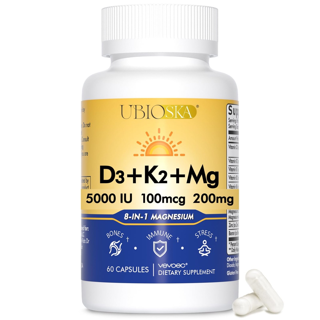 UBIOSKA Vitamin D3 K2 Magnezij – 5000 i.e. D3 + MK-7 K2 z 8-formnim magnezijem (glicinat, taurat, malat) za mirno spanje, razbremenitev stresa, ravnotežje razpoloženja in močne kosti – 60 kapsul