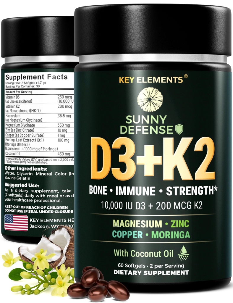 KLJUČNI ELEMENTI D3 K2 Vitamin 10.000 i.e. z magnezijevim glicinatom 350 mg, cinkom in moringo - podpora za kosti in imunski sistem - Vitamin D s K2 MK-7 200mcg - Ne-GMO, Gluten-free softgels