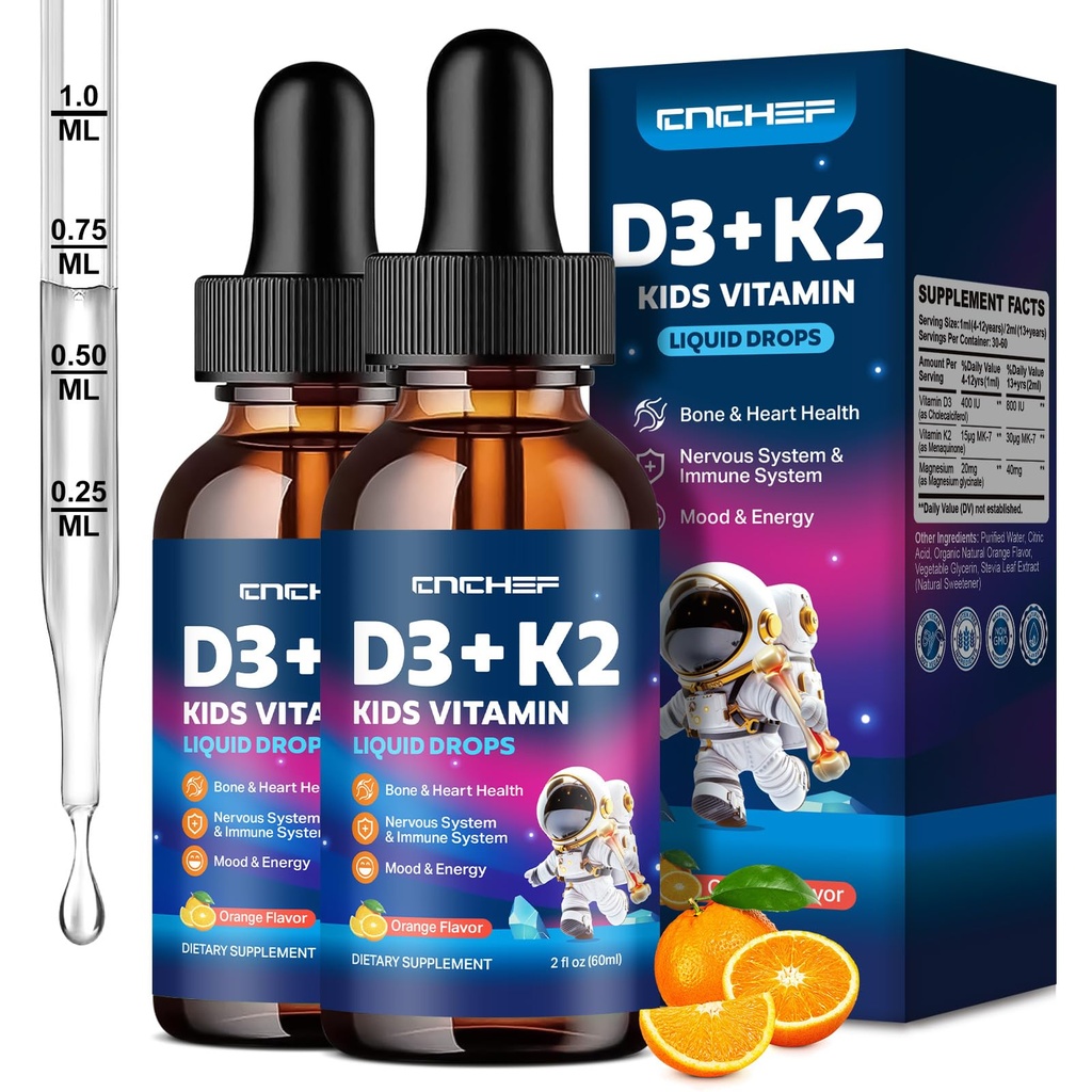 2PCS Vitamin D3 K2 Kapljice za otroke - Tekoči dodatek z magnezijem za absorpcijo kalcija, skupno zdravje, zobje in srce - Non-GMO, Vegan, Orange, 4 Fl Oz - Otroci Starost 4+