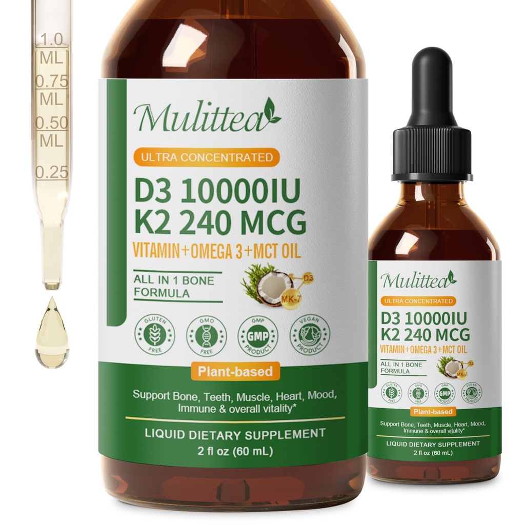 2 Pack Organic Vitamin D3 K2 Tekoči 10000 i.e. w/ Vegan Omega-3 & Kokosovo MCT olje - največja jakost Vitamin D dodatek, brez polnil, Non-GMO K2 kot MK7 za kosti, mišice in visoka absorpcija-2 Fl Oz