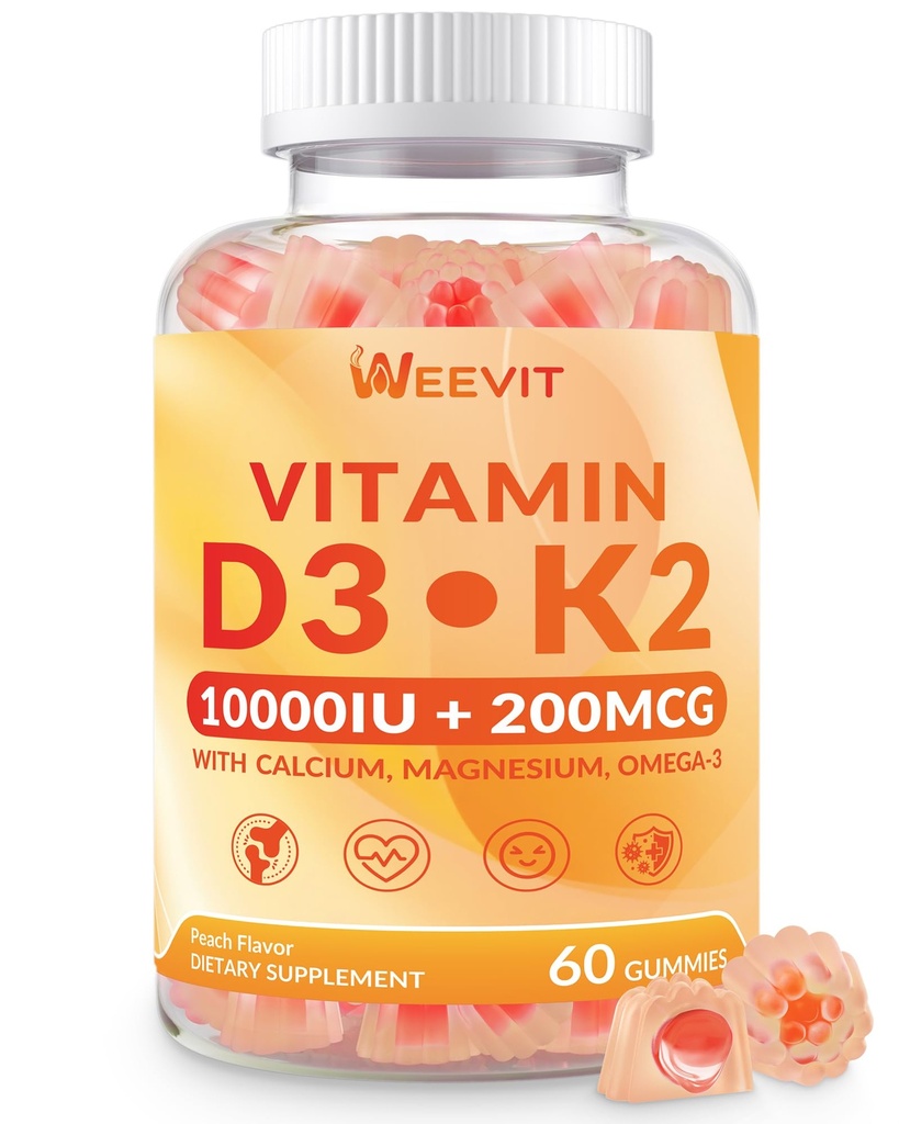 WEEVIT Vitamin D3 K2 Gumies, brez sladkorja Vitamin D3 K2 w/Calcium, Magnezij, Omega-3, Vitamin C,B12, K2 D3 Dopolnilo